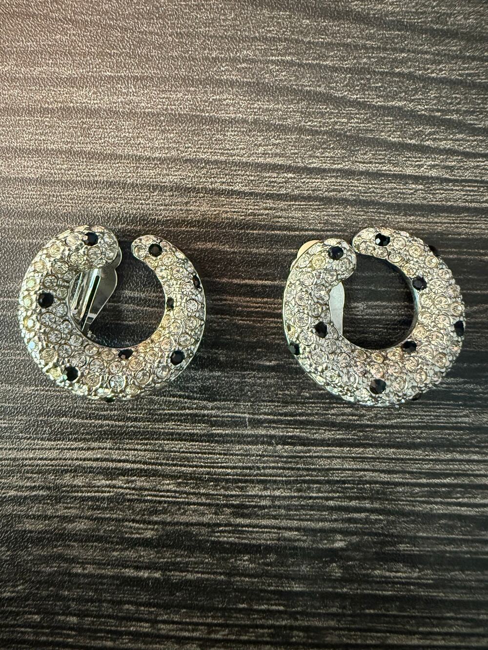 Vintage Kenneth Jay LaneSilver Tone Pave Rhinestone Panther Hoop Clip Earrings